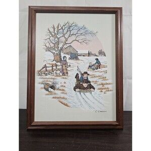 C. Carson Winter Amish Family Sledding Framed Serigraphy Art on Canvas